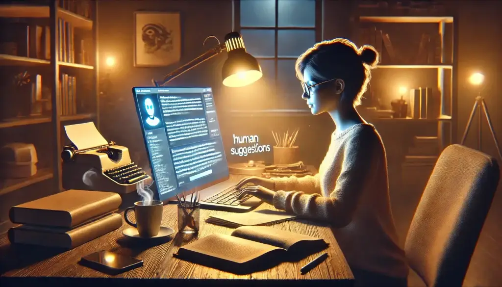 Interface futuriste de tableau de bord d’édition de contenu affichée sur un écran panoramique. Des éléments flottants signalent des fonctionnalités comme l’ajustement du ton, les suggestions grammaticales et l’optimisation SEO. À l’arrière-plan, un espace de travail intelligent avec des assistants numériques, des éditeurs de code et des outils de mots-clés. Design épuré avec des accents néon doux et une ambiance technologique moderne.