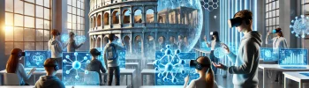 A futuristic classroom filled with natural sunlight, where diverse students wear VR headsets. A large 3D hologram of the Roman Colosseum floats at the front, projected from a circular platform. An instructor points toward the hologram while other students interact with molecular simulations. The room features sleek white walls, glowing blue ambient lighting, and floating digital panels, creating a high-tech educational environment.