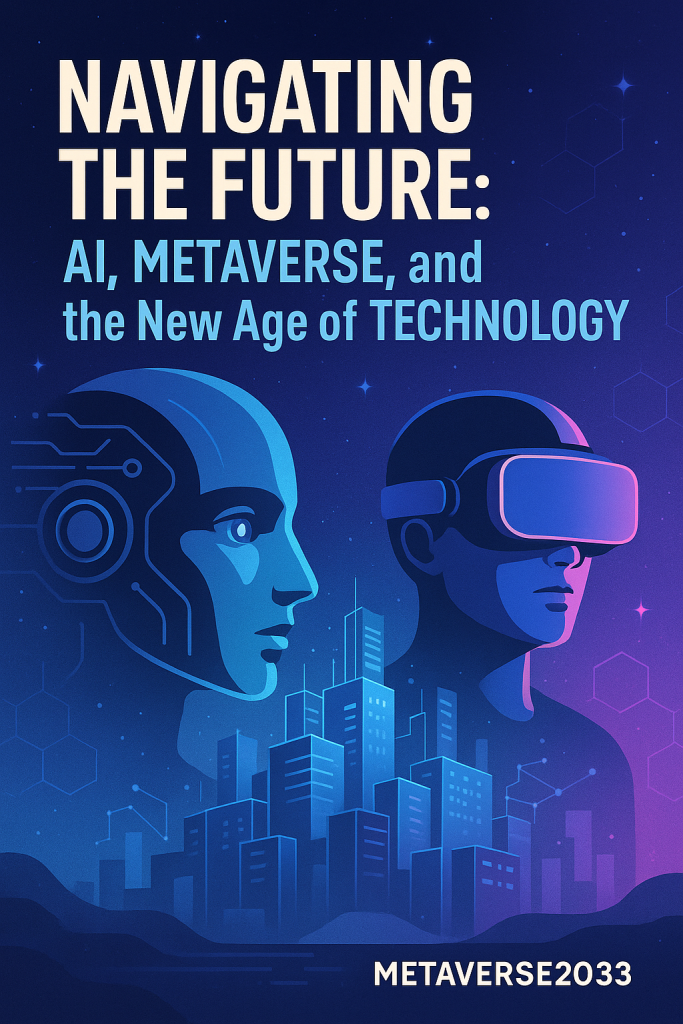 A futuristic digital illustration representing the convergence of AI and the Metaverse, symbolizing the future of technology with holograms, virtual environments, and intelligent systems