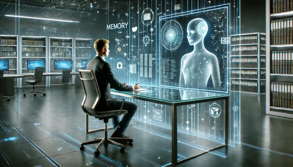 A professional writer in casual-smart attire sits at a sleek, high-tech workstation, working alongside a semi-transparent AI hologram emitting a soft glow. The hologram displays memory icons like folders and chat bubbles. In the background, glowing digital threads connect floating notes and documents, creating a visual representation of digital memory. A futuristic cityscape is visible through a large window, enhancing the sci-fi ambiance.